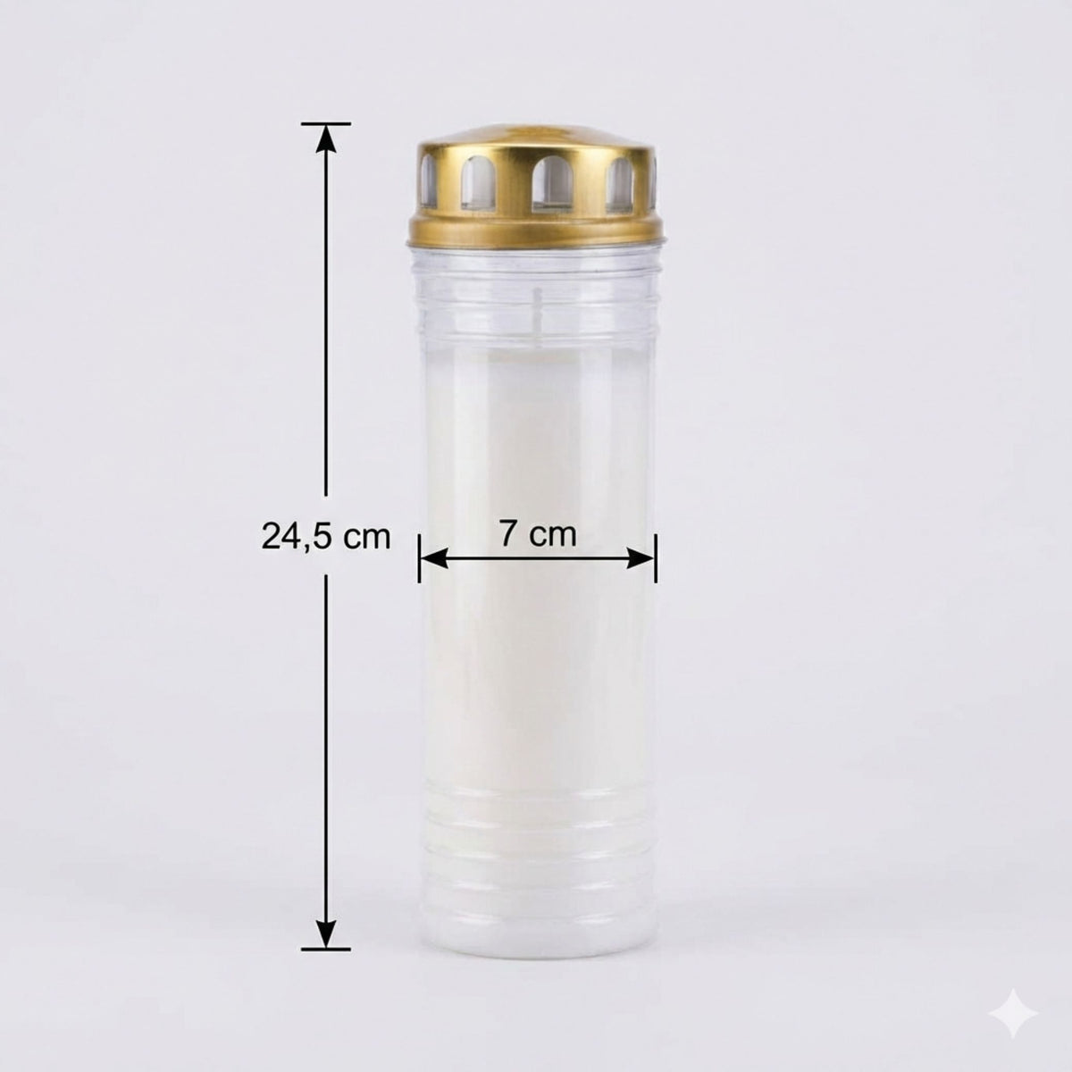 Círio branco 60 LL com medidas assinaladas: 24,5 cm de altura com tampa e 7 cm de diâmetro.