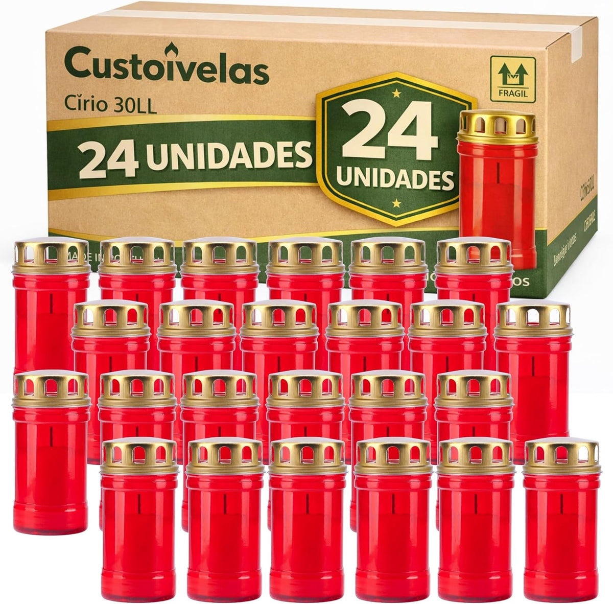 Círios 30 LL Vermelhos com Tampa | Caixa de 24