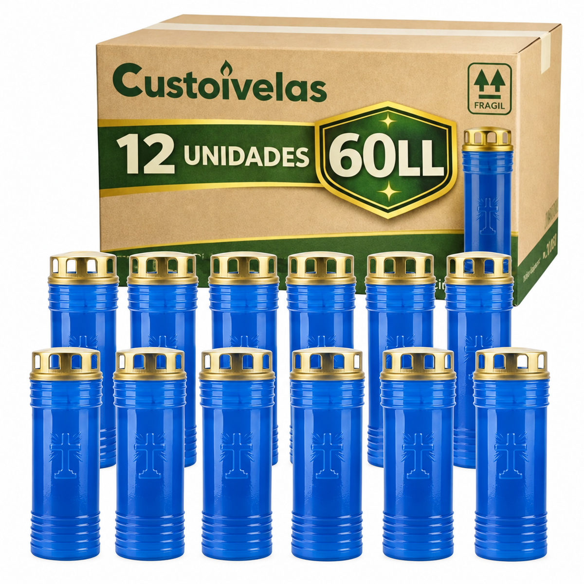 Caixa Custoivelas 60 LL com 12 círios azuis e tampas metálicas douradas.