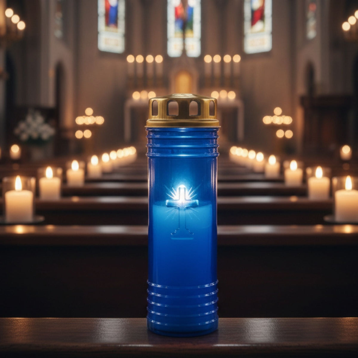 Círio azul 60 LL aceso, com cruz em relevo e tampa metálica dourada, no interior de uma igreja