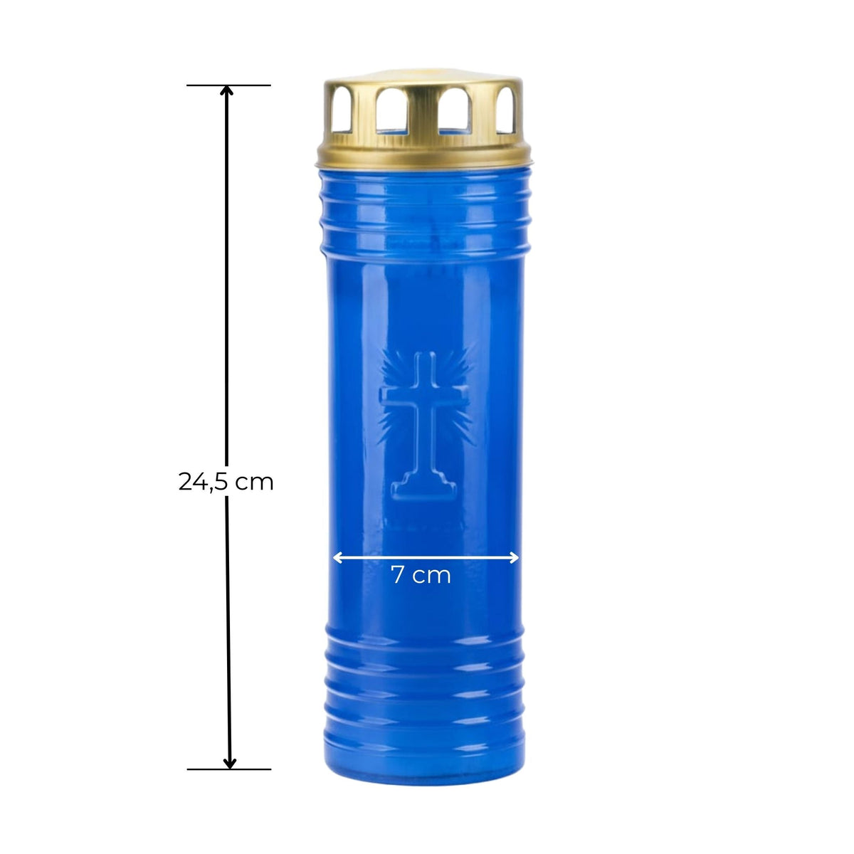 Círio azul 60 LL com medidas assinaladas: 24,5 cm de altura com tampa e 7 cm de diâmetro.