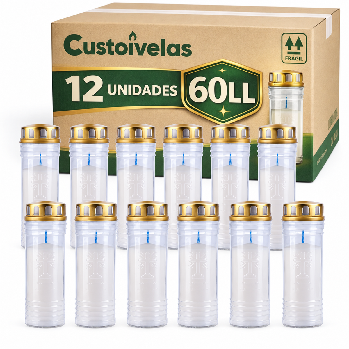 Caixa Custoivelas 60 LL com 12 círios brancos e tampas metálicas douradas.