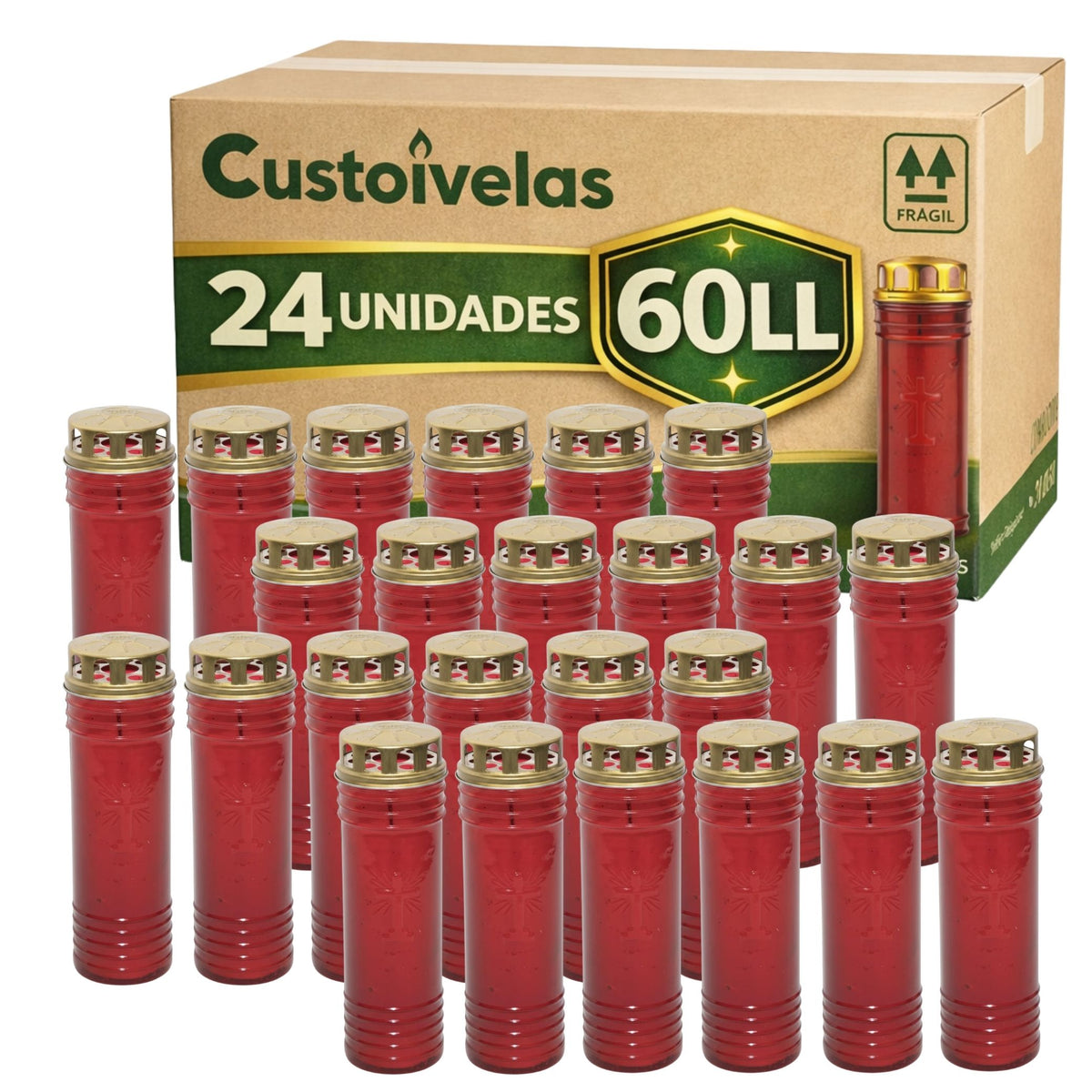 Círios 60 LL Vermelhos com Tampa Metálica | Caixa de 24