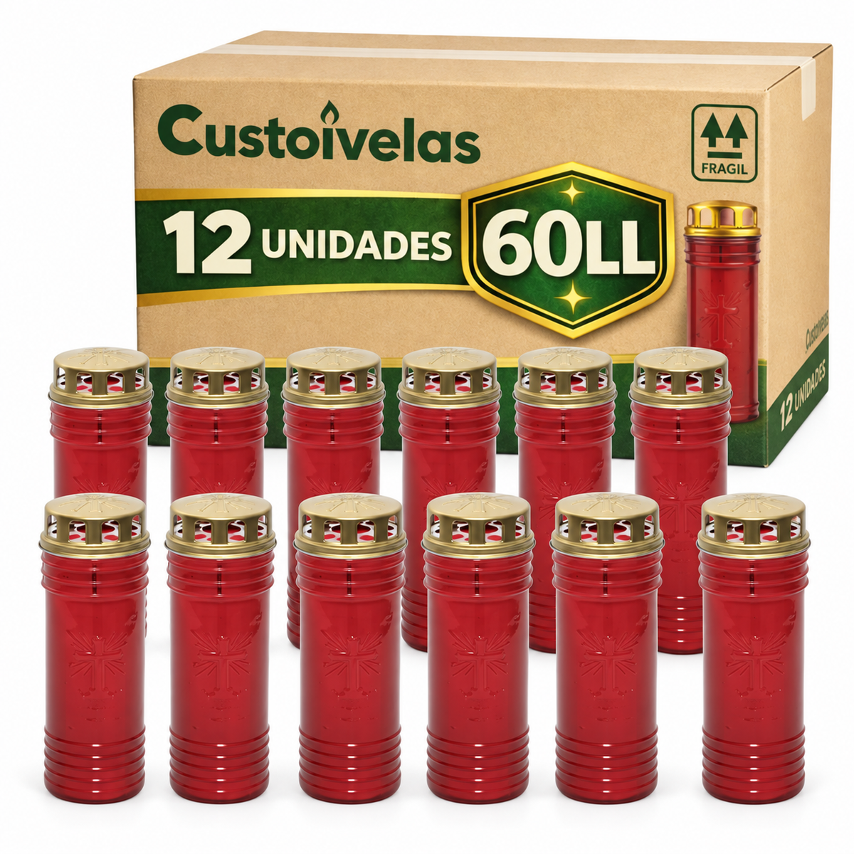Caixa Custoivelas 60 LL com 12 círios vermelhos e tampas metálicas douradas.