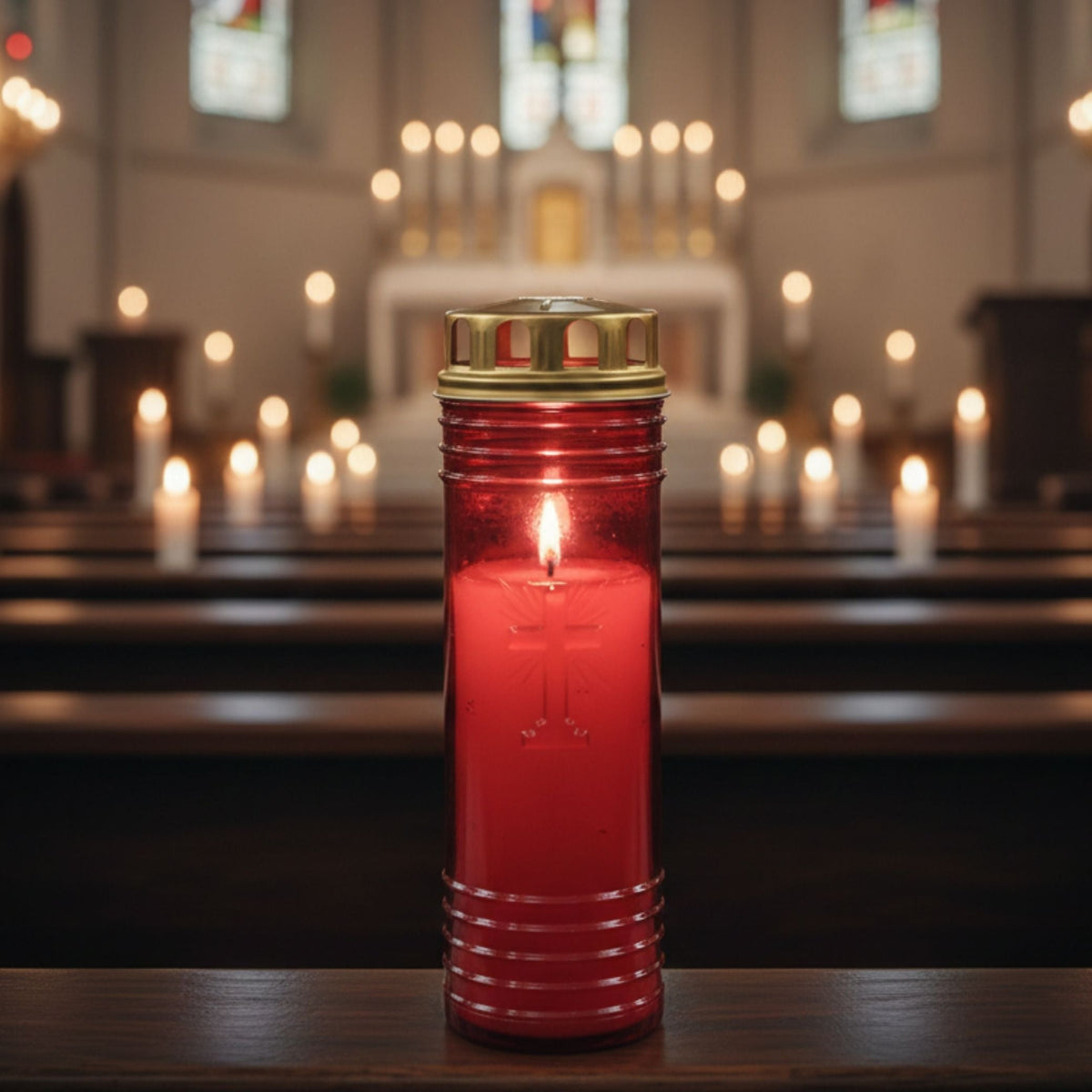 Círio vermelho 60 LL aceso, com tampa metálica dourada, no interior de uma igreja.