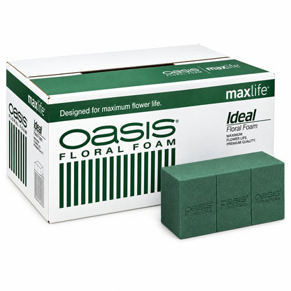 Embalagem de espuma floral OASIS Ideal Maxlife com um tijolo verde e linhas de corte em primeiro plano.