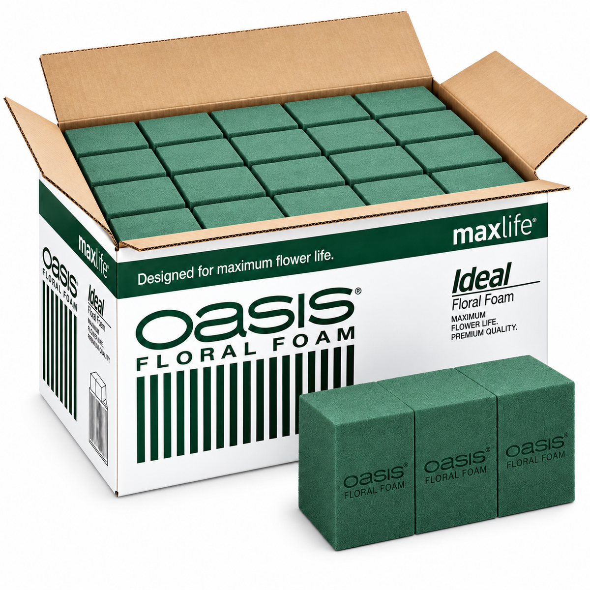 Caixa aberta de espuma floral OASIS Ideal Maxlife com tijolos verdes e um tijolo em primeiro plano.