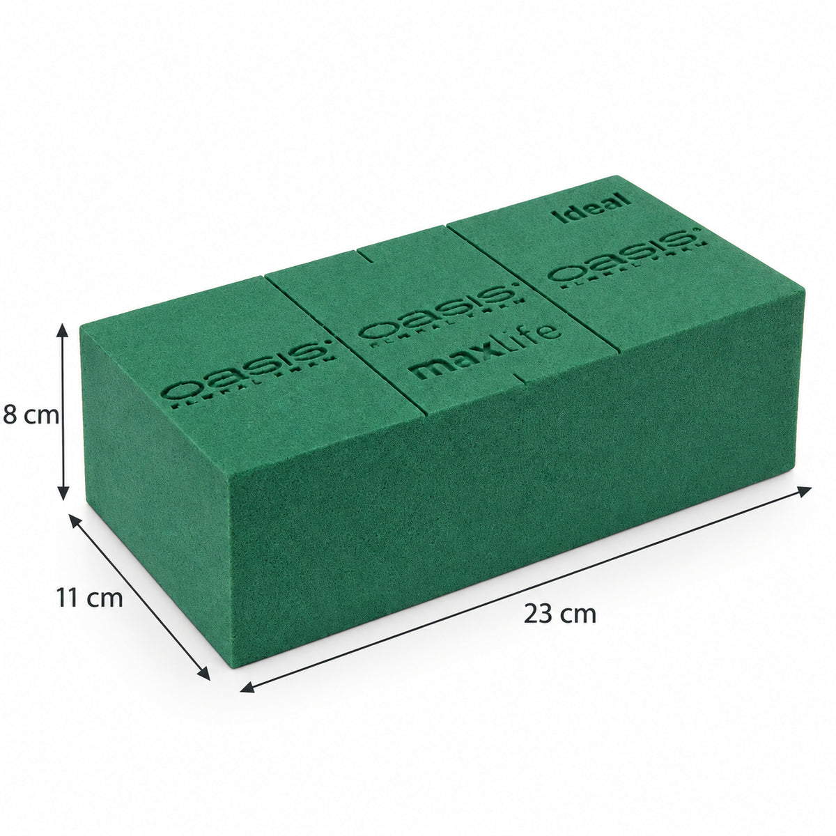 Tijolo verde de espuma floral OASIS Ideal Maxlife com medidas de 23 cm de comprimento, 11 cm de largura e 8 cm de altura.