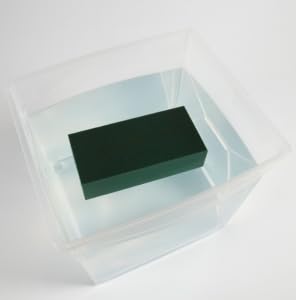 Tijolo de espuma floral verde colocado num recipiente transparente com água para hidratação.